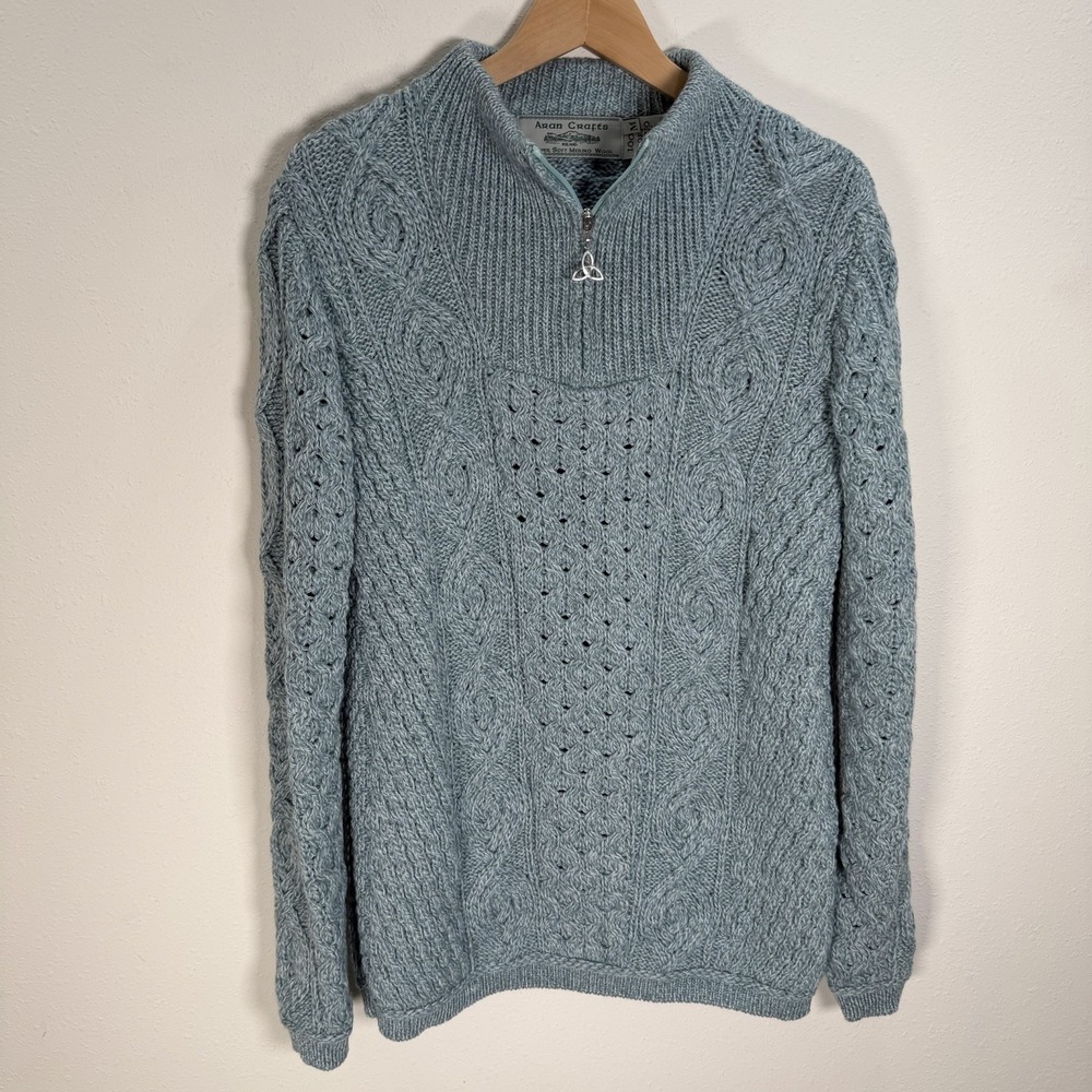 Aran Crafts Sweater Women's Sz M 100% Merino Wool 1/4 Zip Cable Knit IRELAND